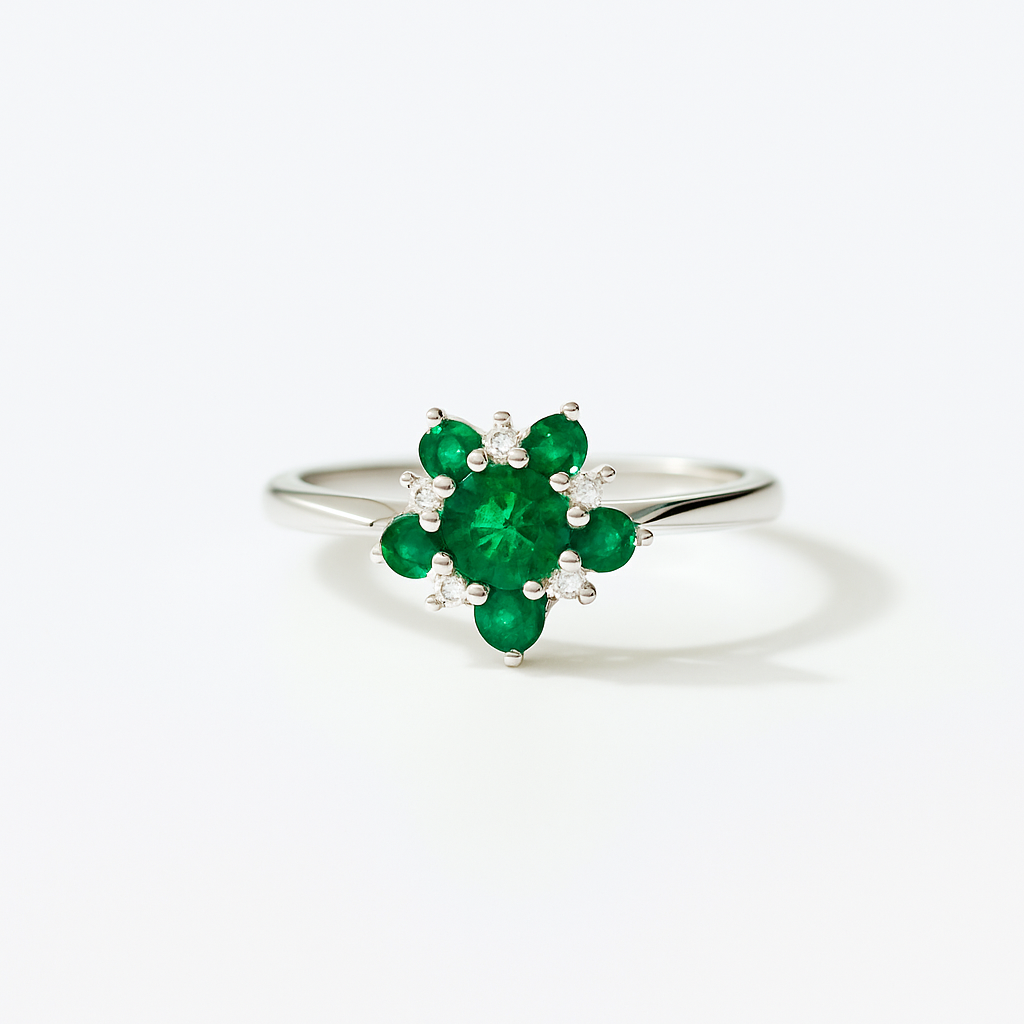 Anello Donna "Fiore" in Argento 925 con Zirconi Verdi e Bianchi Alternati – Regolabile (12-20)