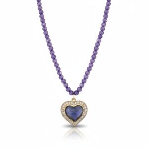 Collana 'Amour' con sferette di zirconi color ametista e pendente cuore dorato