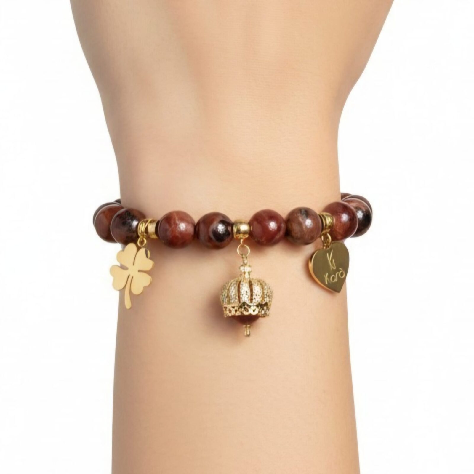 Bracciale Elastico in Corniola striata con Charme dorati e corona - immagine 4