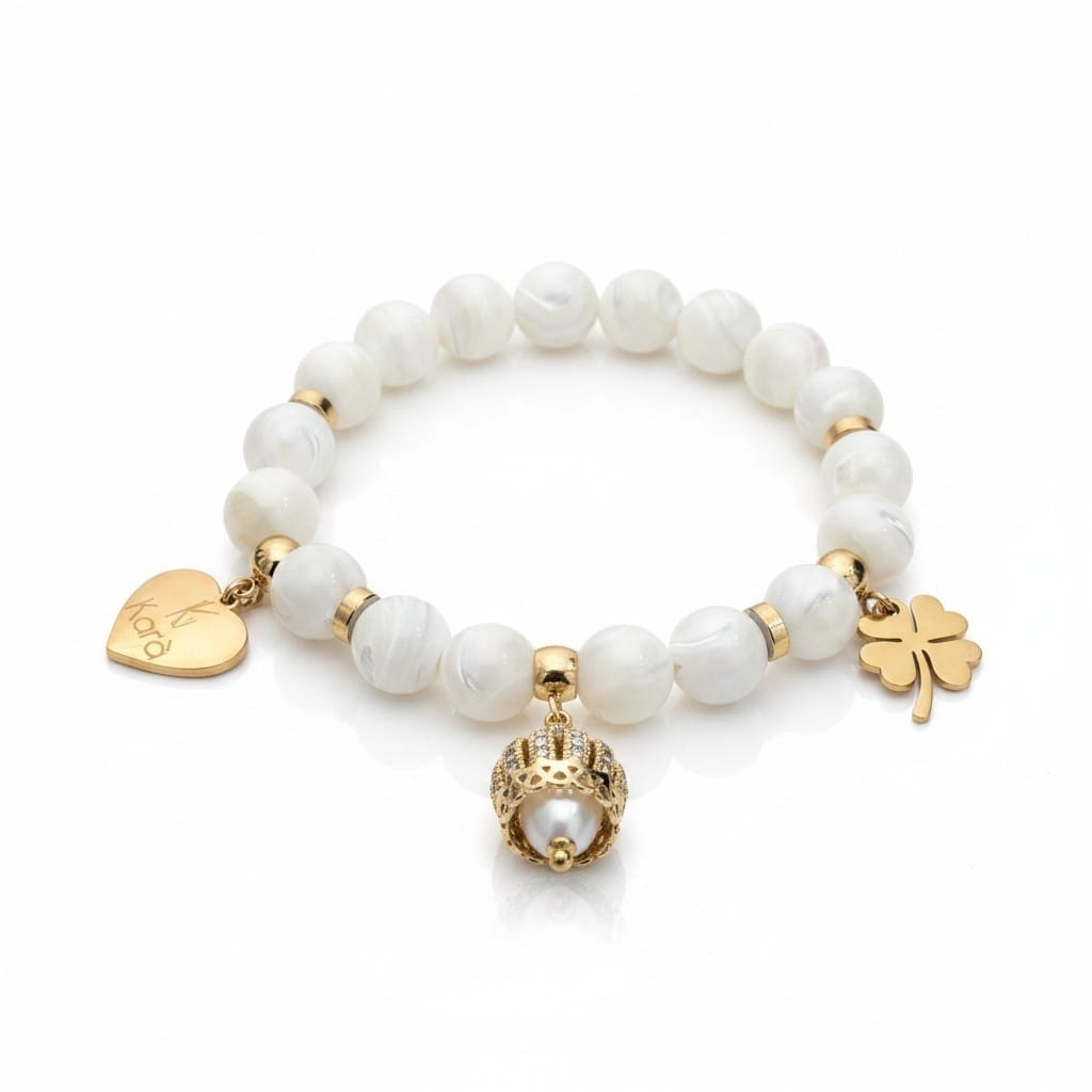 Bracciale elastico da donna Madreperla Bianca e Charme oro