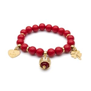 Bracciale elastico in Giada Coreana Rossa e Charm dorati