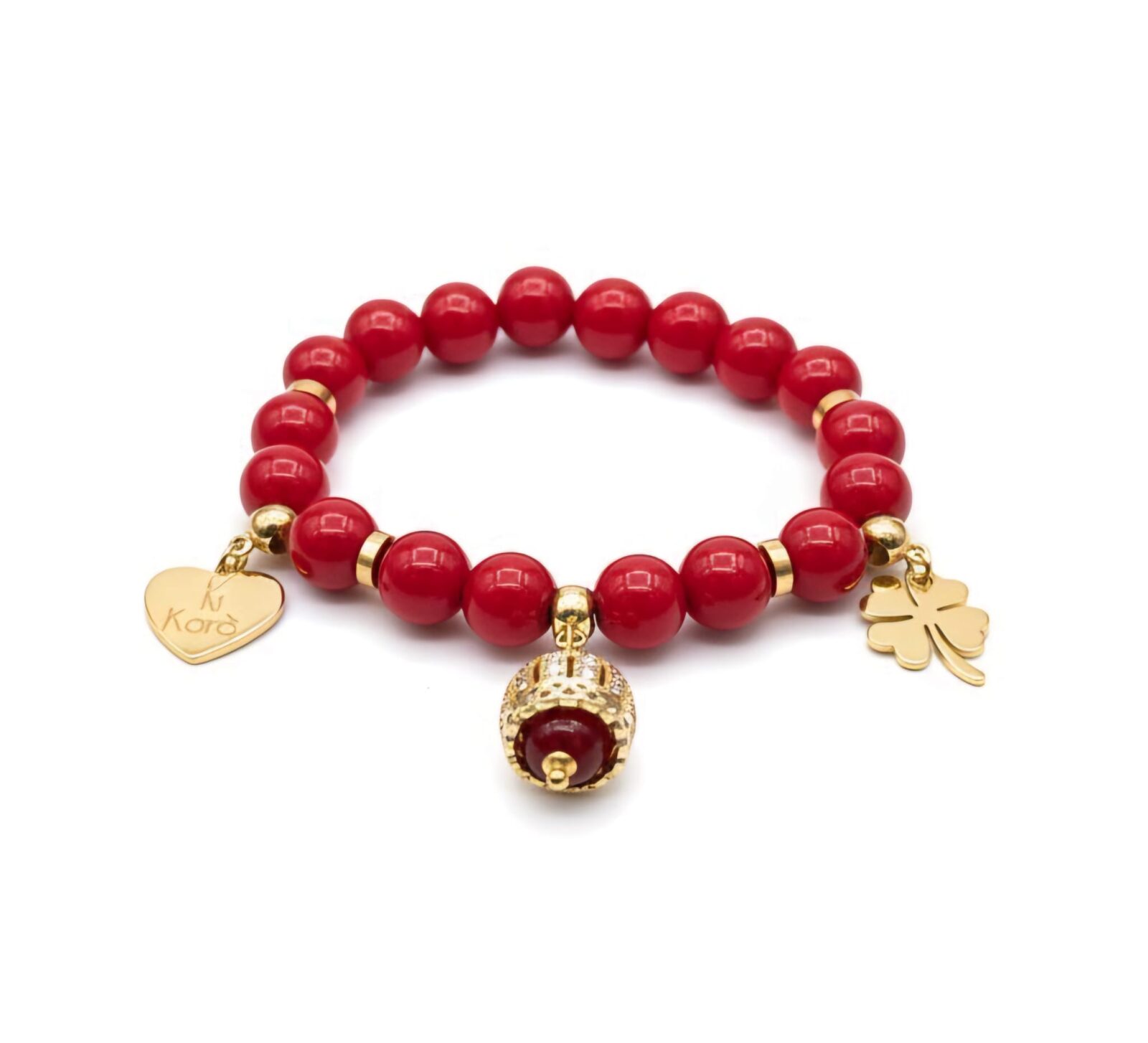 Bracciale elastico in Giada Coreana Rossa e Charm dorati