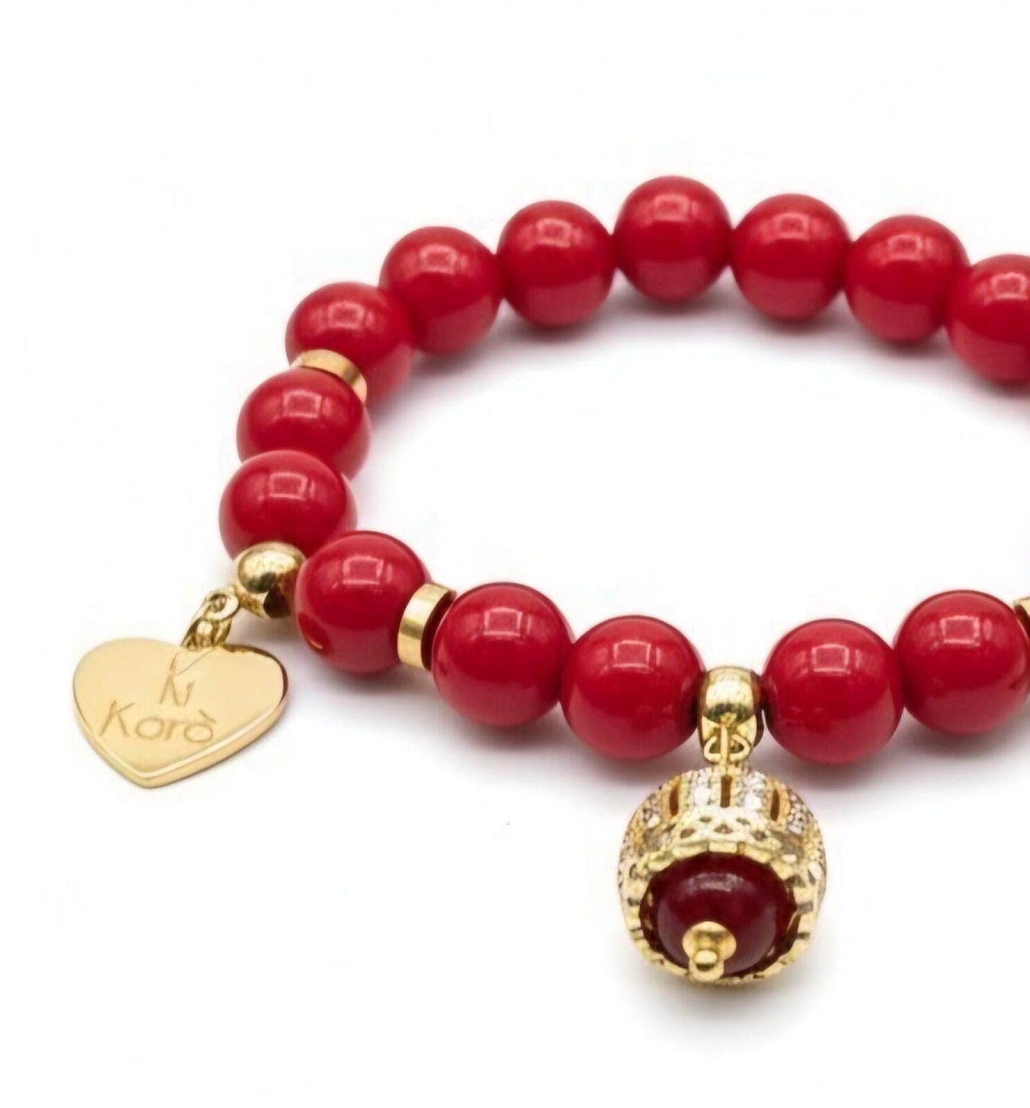 Bracciale elastico in Giada Coreana Rossa e Charm dorati - immagine 4