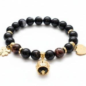 Bracciale donna con pietre naturali "Agata Nera" e dettagli Gold