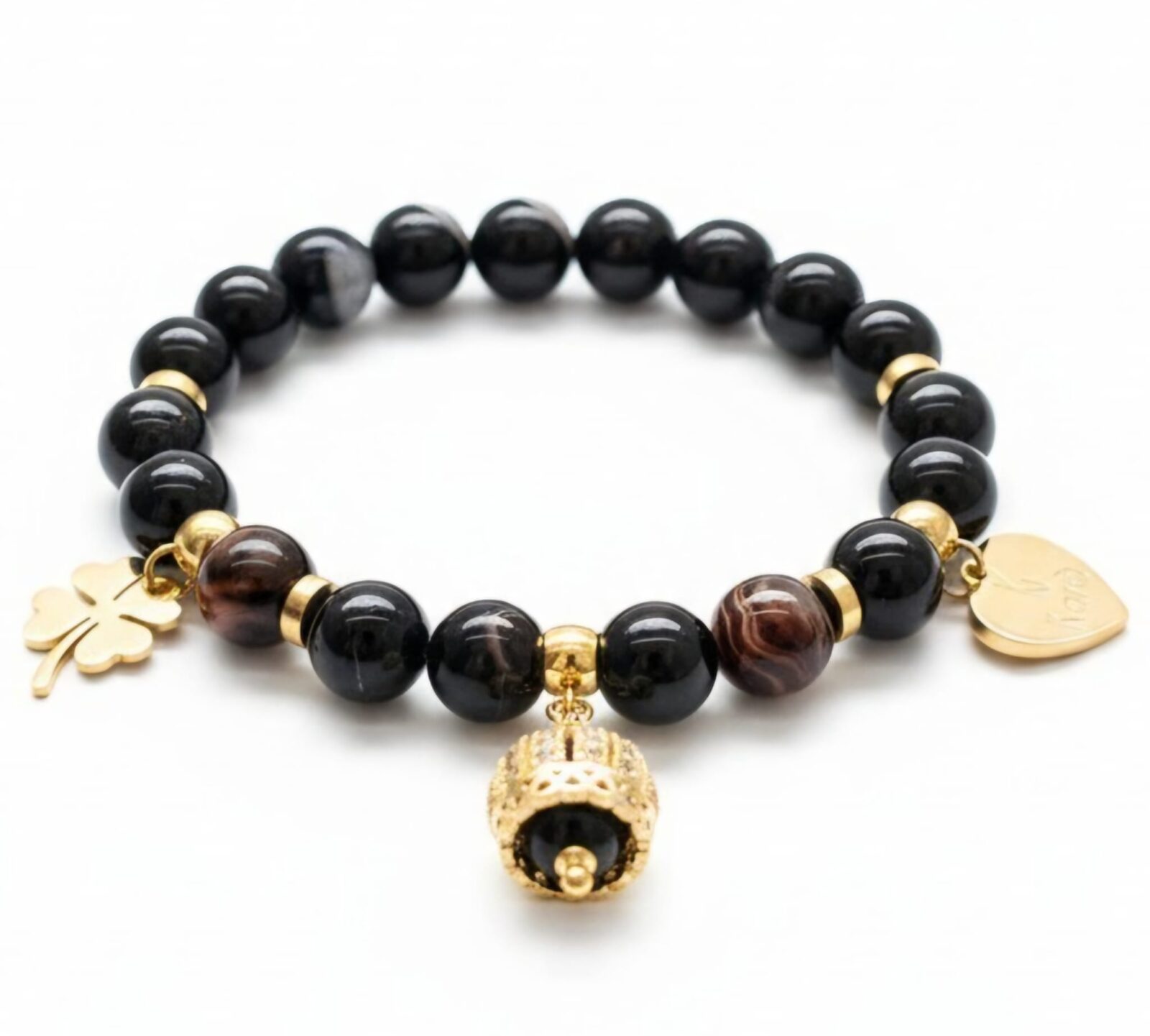 Bracciale donna con pietre naturali "Agata Nera" e dettagli Gold