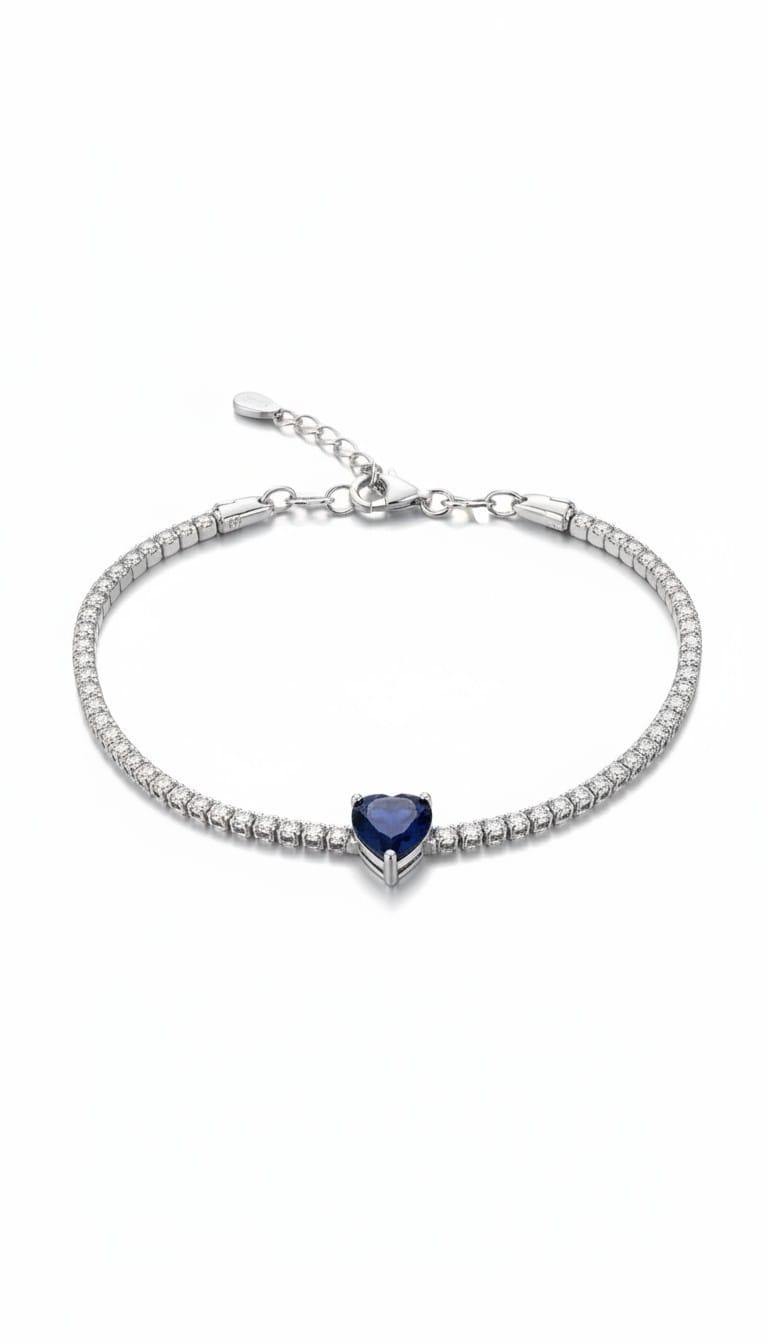 Bracciale Tennis in argento 925 con zirconi e Cuore Blu Zaffiro