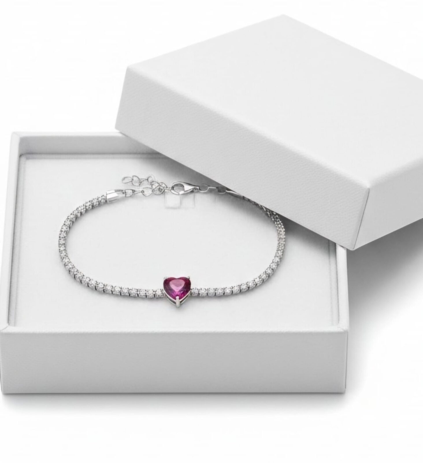 Bracciale Tennis in Argento con Zirconi e Cuore centrale Rosso Rubino - immagine 3