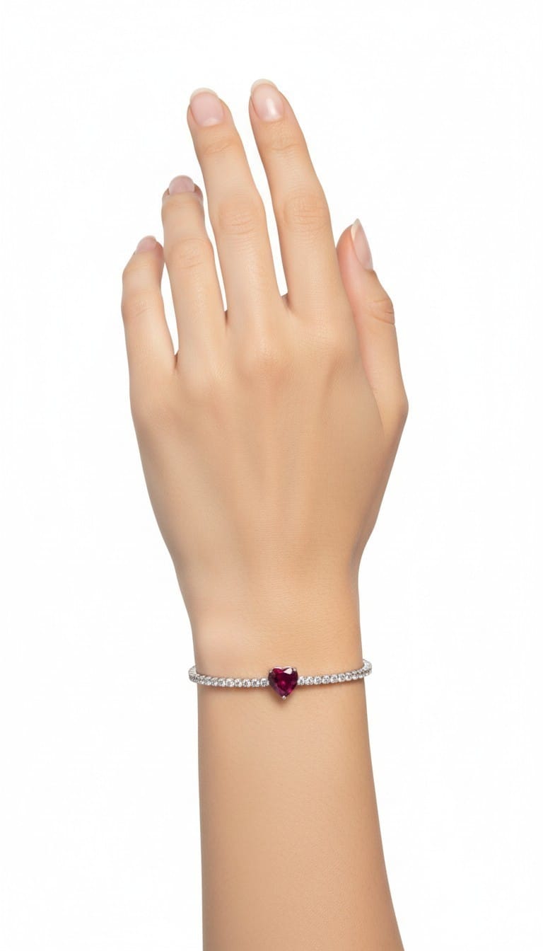 Bracciale Tennis in Argento con Zirconi e Cuore centrale Rosso Rubino - immagine 4