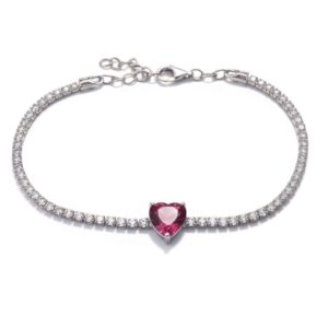 Bracciale Tennis in Argento con Zirconi e Cuore centrale Rosso Rubino