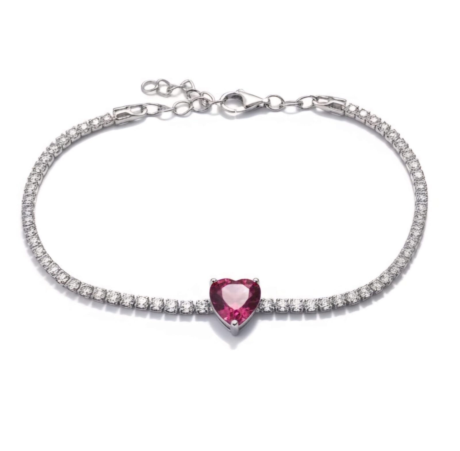 Bracciale Tennis in Argento con Zirconi e Cuore centrale Rosso Rubino
