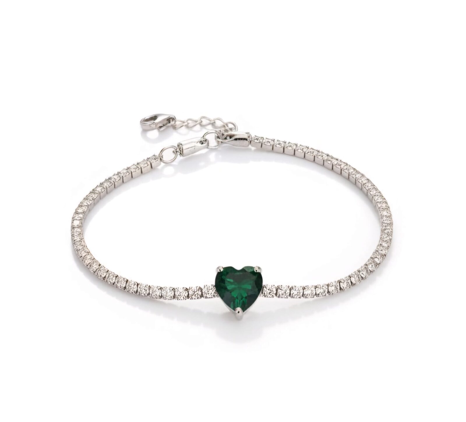 Bracciale Tennis in Argento 925 con Zirconi e Cuore Verde