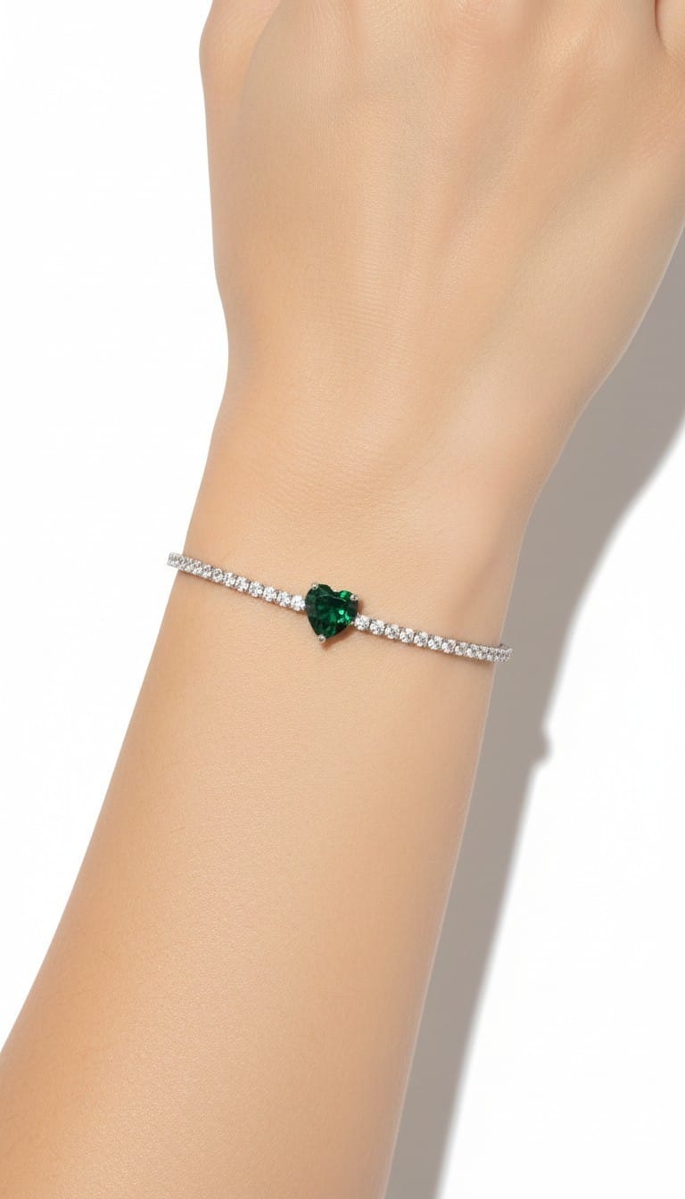 Bracciale Tennis in Argento 925 con Zirconi e Cuore Verde - immagine 3